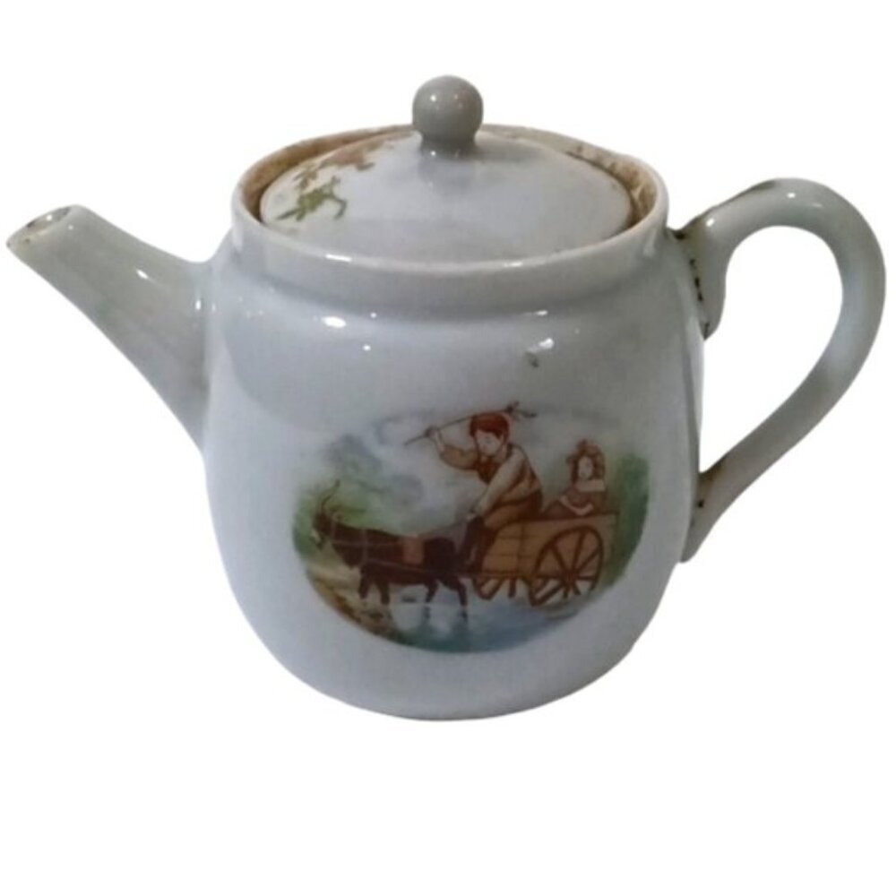 Antique Japanese Mini Teapot & Lidded 2-Handled Pot Goat Cart & Flowers Decor